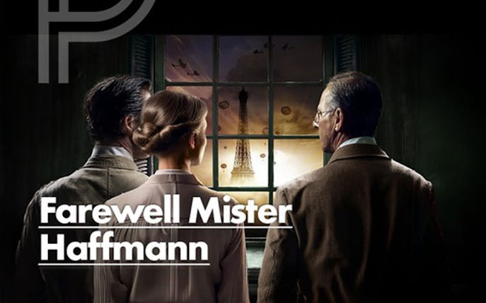 Three people looking out a window at the Eiffel Tower with planes in the sky, Farewell Mister Haffmann.