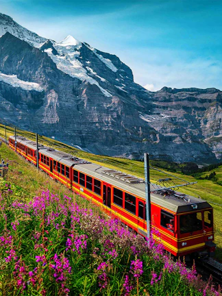 Train traveling through alpine landscape towards Jungfraujoch, Switzerland.