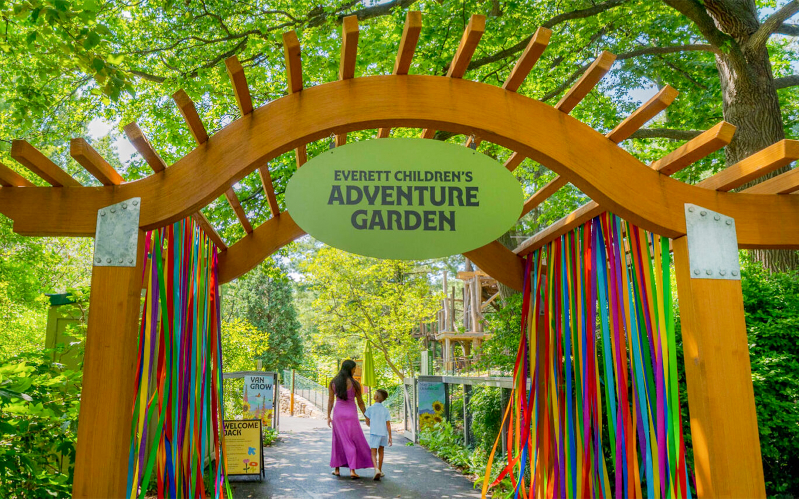 Entrance to Everett Children’s Adventure Garden at NYBG with colorful ribbons.