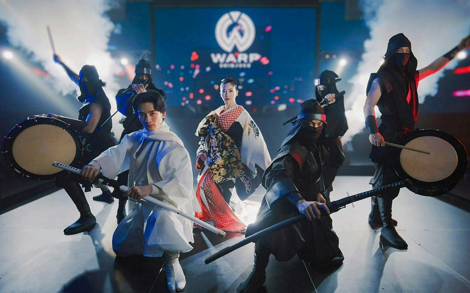Performers at Ninja & Kabuki Live Show in Shinjuku with traditional costumes and drums.