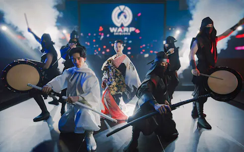 Performers at Ninja & Kabuki Live Show in Shinjuku with traditional costumes and drums.