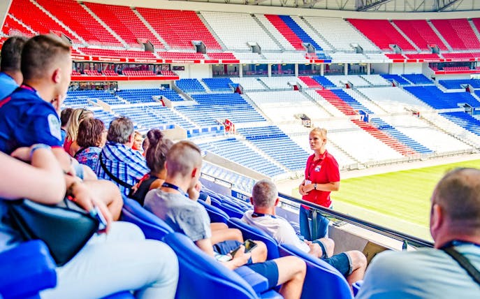 Tour group at Olympique Lyonnais stadium, Lyon, France, with guide explaining the venue.