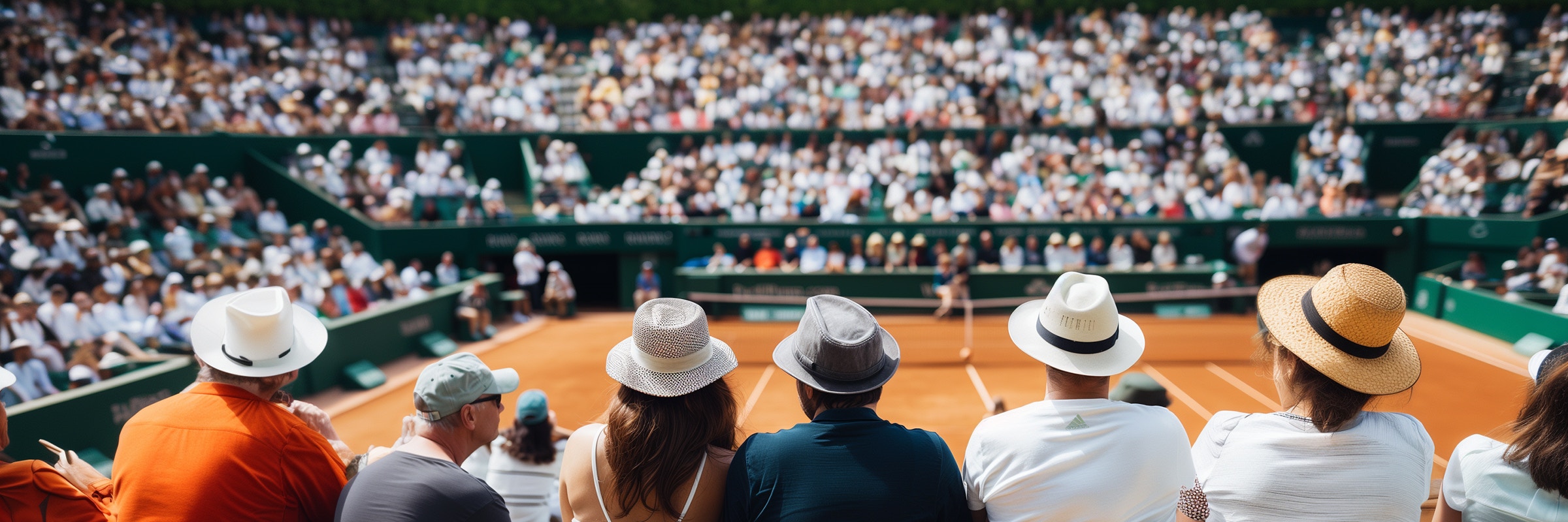 Roland Garros Stadium interior view with tennis court and seating area.