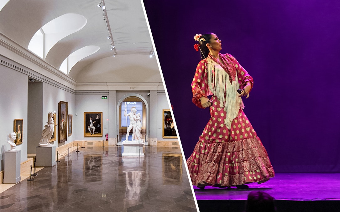 Museum gallery with classical sculptures and paintings; flamenco dancer performing on stage.