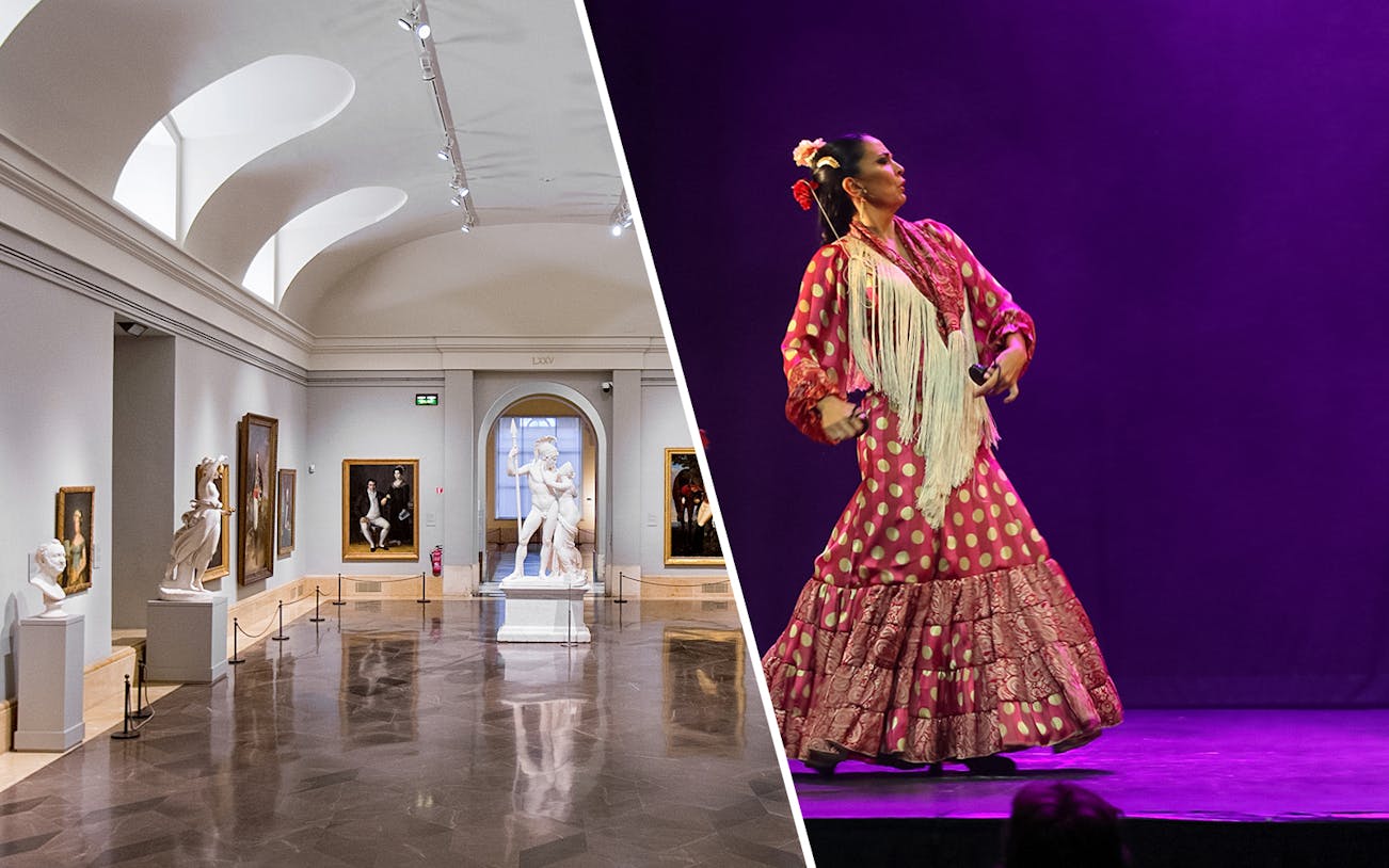 Museum gallery with classical sculptures and paintings; flamenco dancer performing on stage.