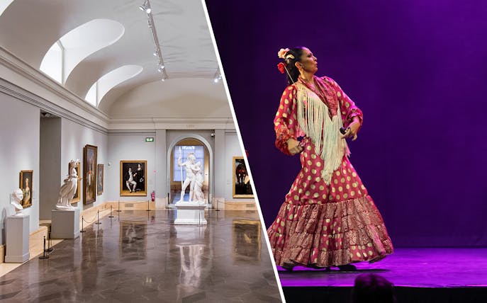 Museum gallery with classical sculptures and paintings; flamenco dancer performing on stage.