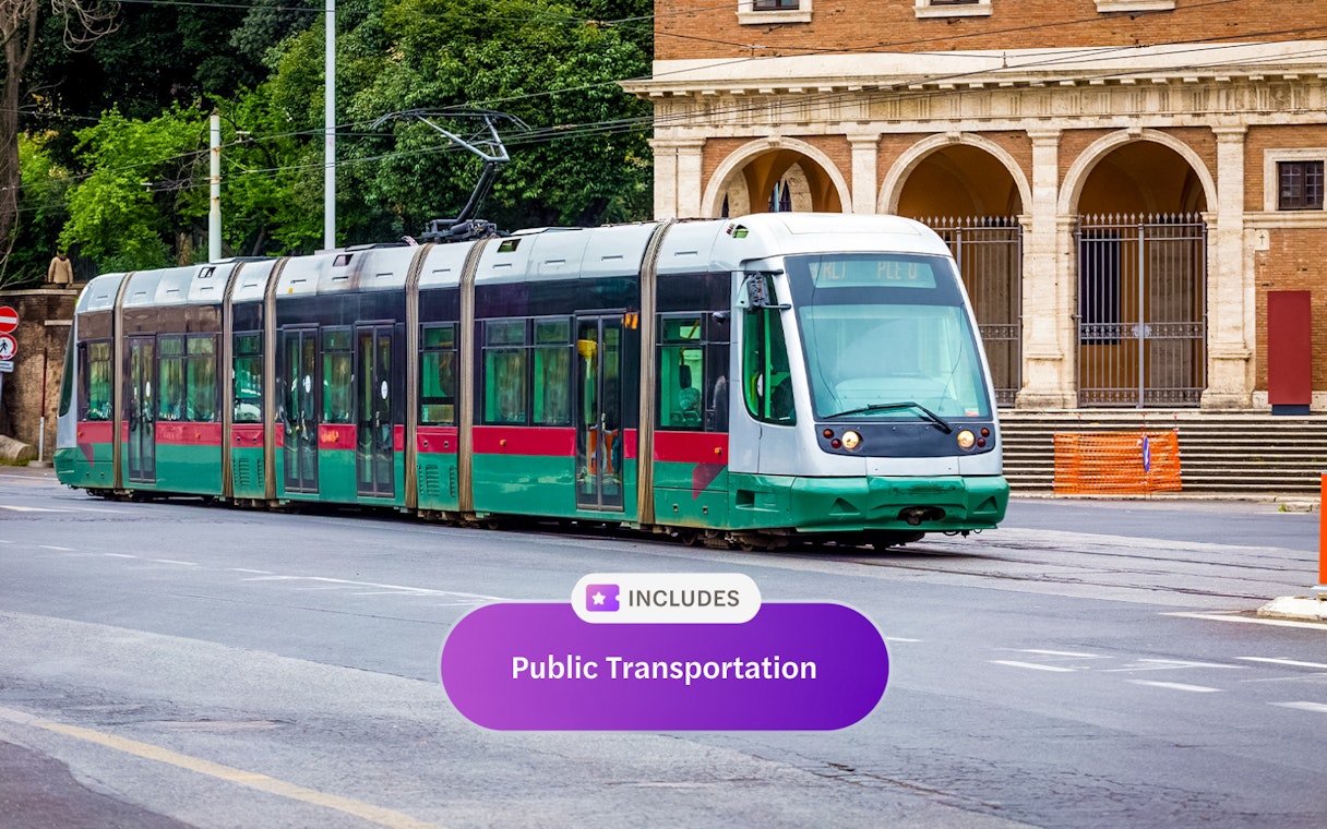 Tram in Rome with Omnia Card and Roma Pass for unlimited public transport.