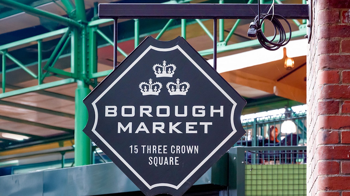 Borough Market food stalls with diverse cuisines on Eating London: Borough Market & Bankside Food Tour.