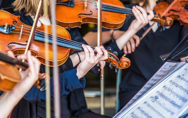 Violins being played in a classical music ensemble.