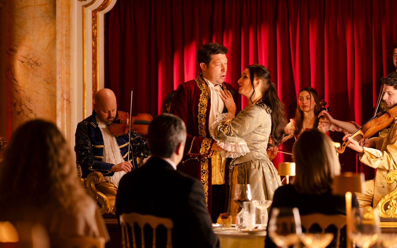 Opera singers and musicians performing at Mozart Dinner Opera in Prague.
