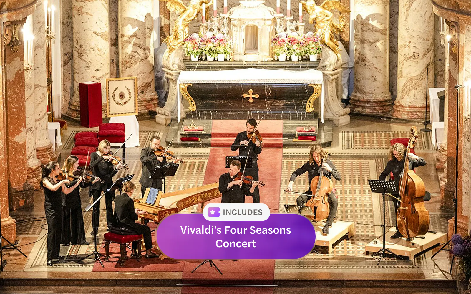 Musicians performing Vivaldi's Four Seasons in an ornate concert hall.