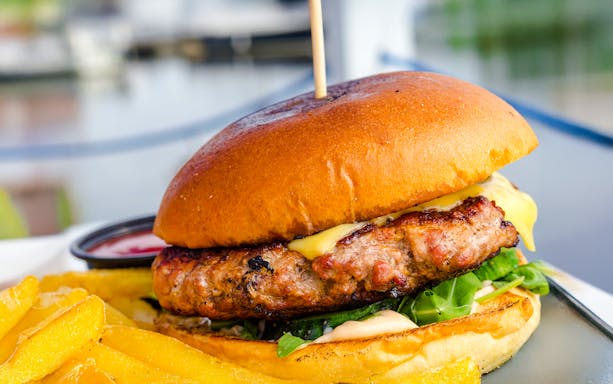 Burger with fries served on Camira Sailing Adventure, Airlie Beach.