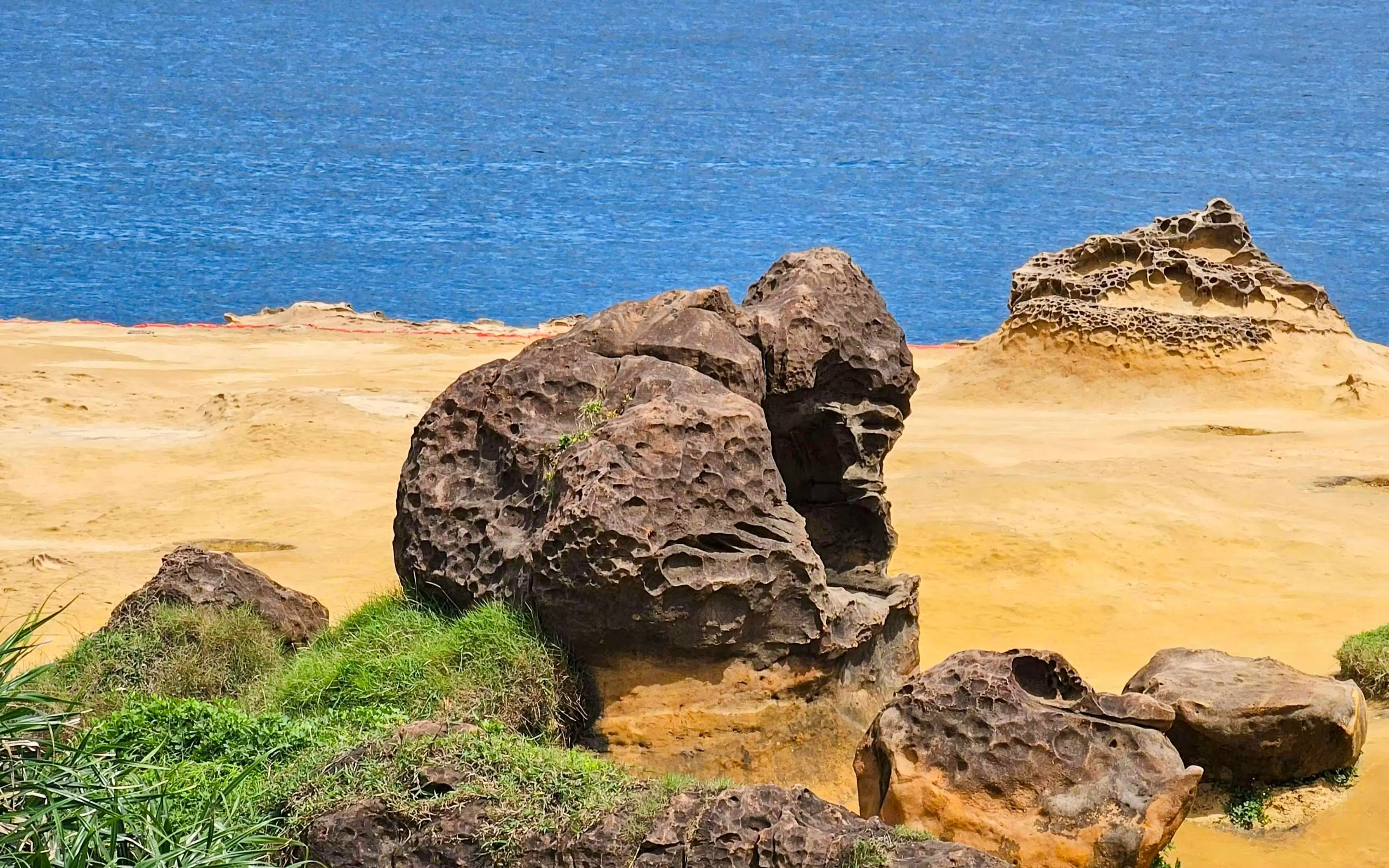 Gorilla Rock formation at Yehliu Geopark, New Taipei City, Taiwan, with ocean backdrop.