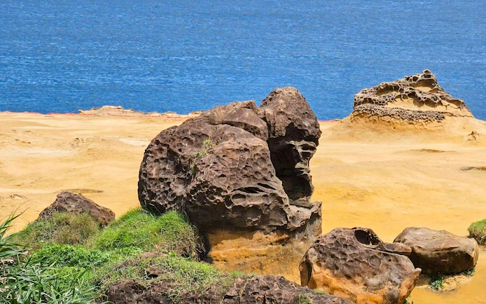Gorilla Rock formation at Yehliu Geopark, New Taipei City, Taiwan, with ocean backdrop.