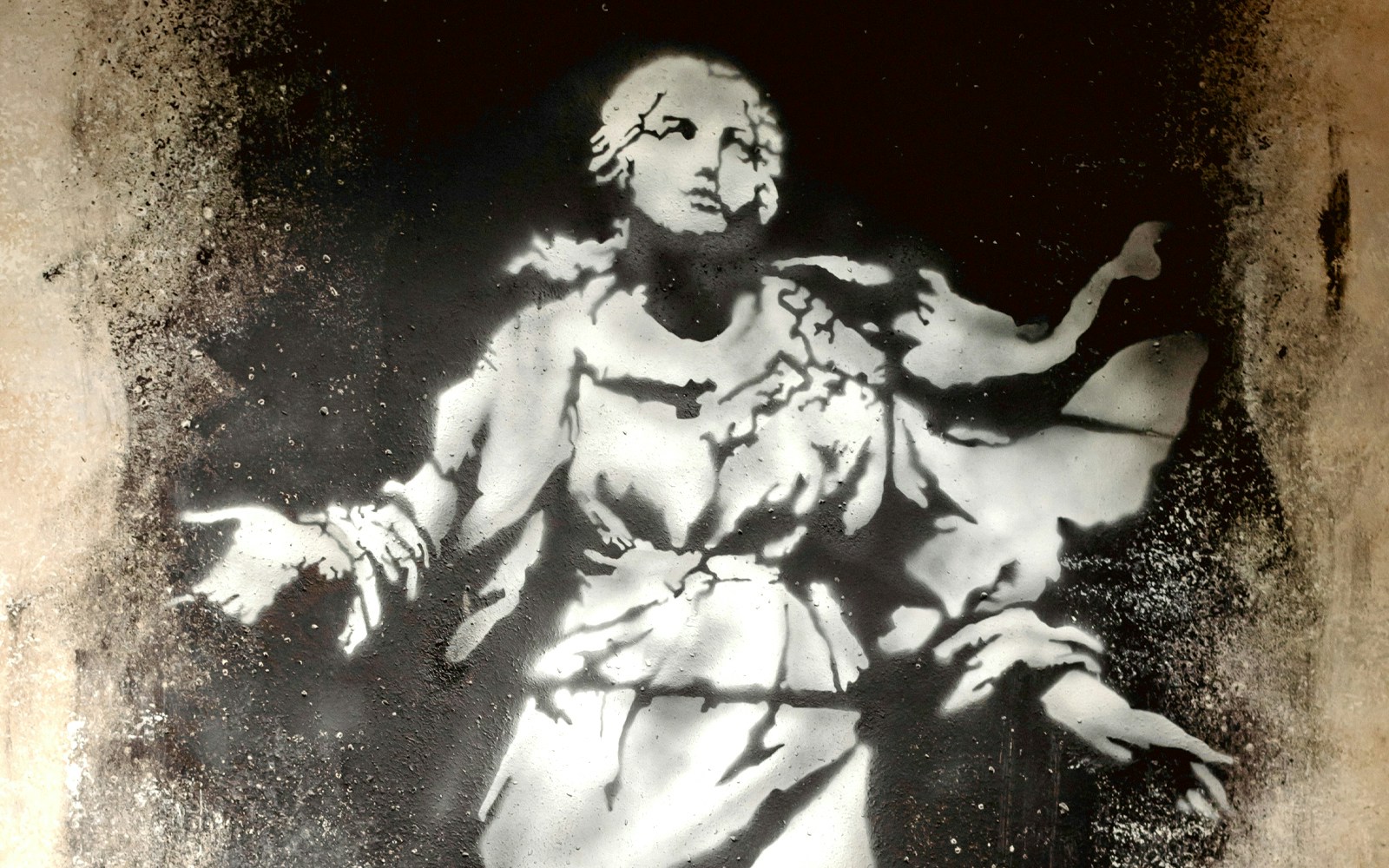 Banksy-style stencil art of a classical figure at the Banksy Museum.