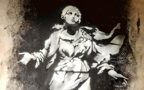 Banksy-style stencil art of a classical figure at the Banksy Museum.