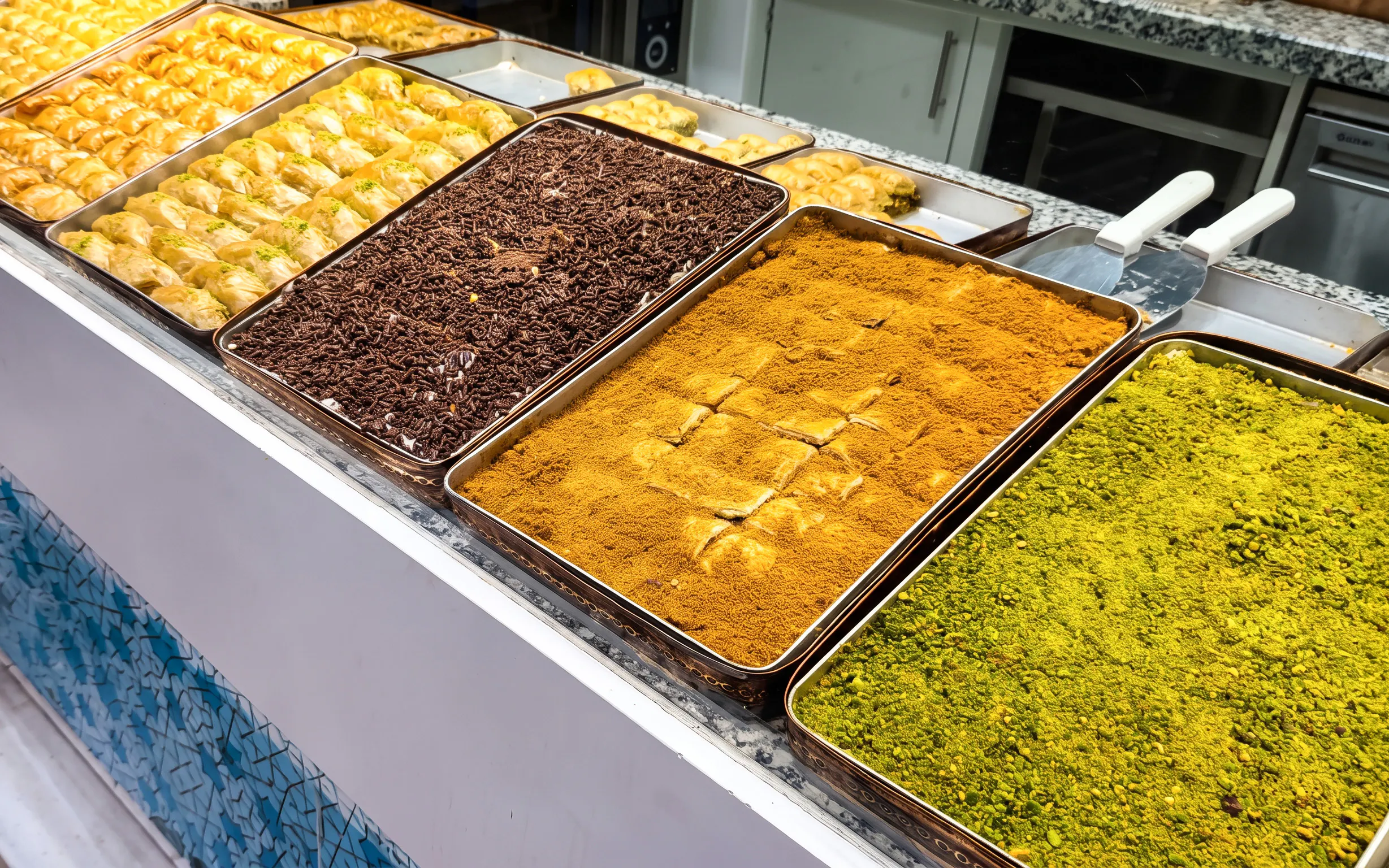 Trays of assorted Turkish sweets and pastries on display in Istanbul.