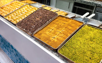 Trays of assorted Turkish sweets and pastries on display in Istanbul.