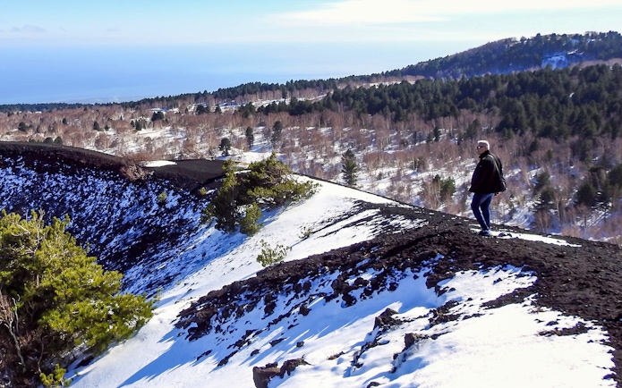 Person walking on snowy slope of Mount Etna with forested landscape in background.