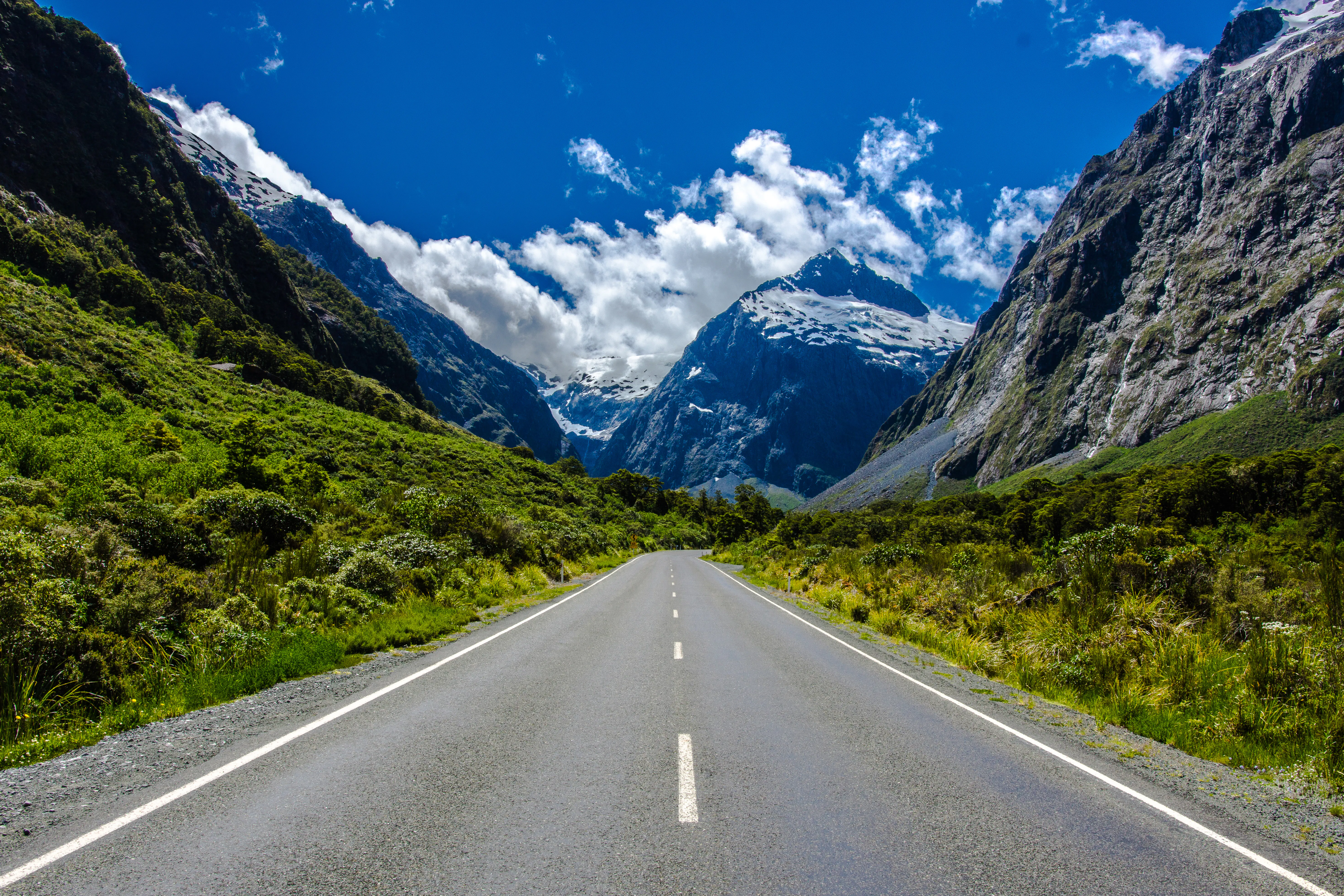 Milford Road with mountains and lush greenery in New Zealand.