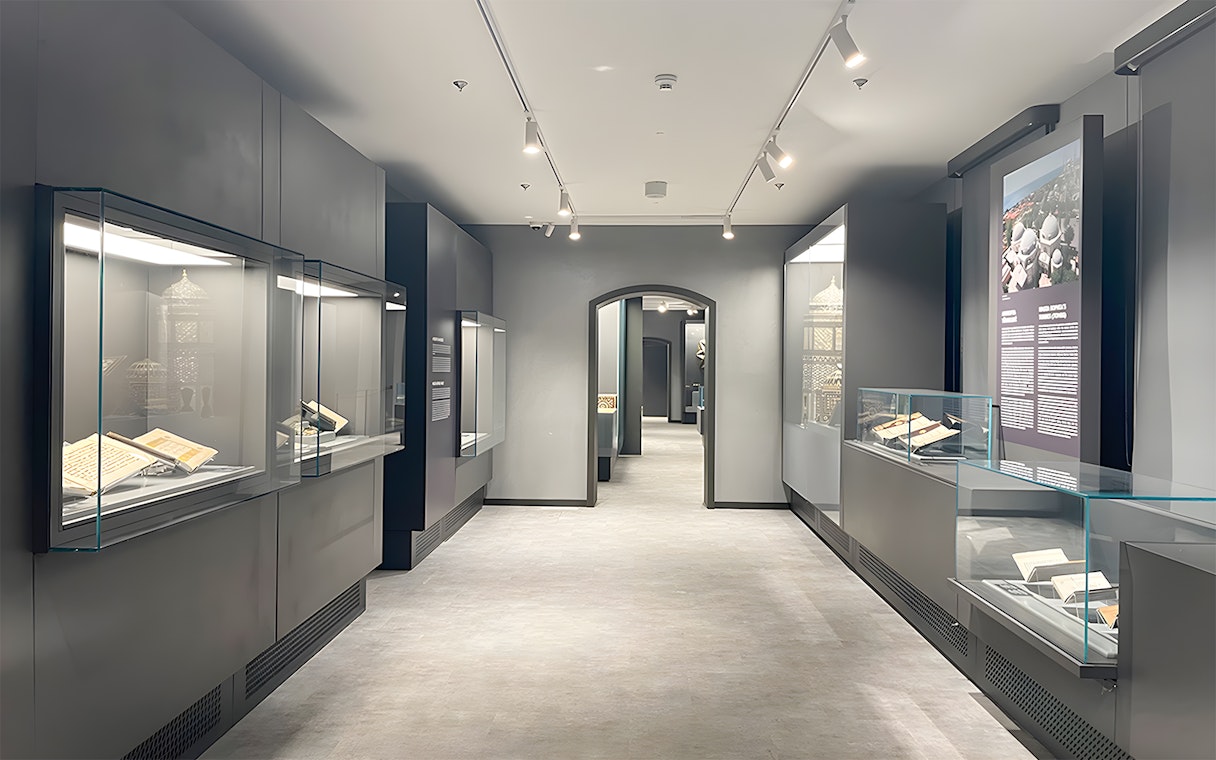 Hagia Sophia Museum interior with display cases of historical artifacts.