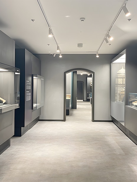 Hagia Sophia Museum interior with display cases of historical artifacts.