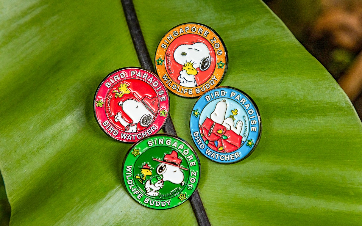 Snoopy Beagle Scouts badges from Singapore Zoo and Bird Paradise on a leaf.