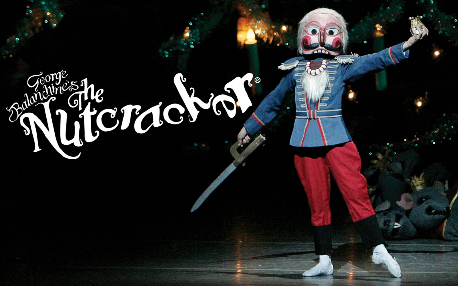 Nutcracker character on stage at New York City Ballet's The Nutcracker performance.