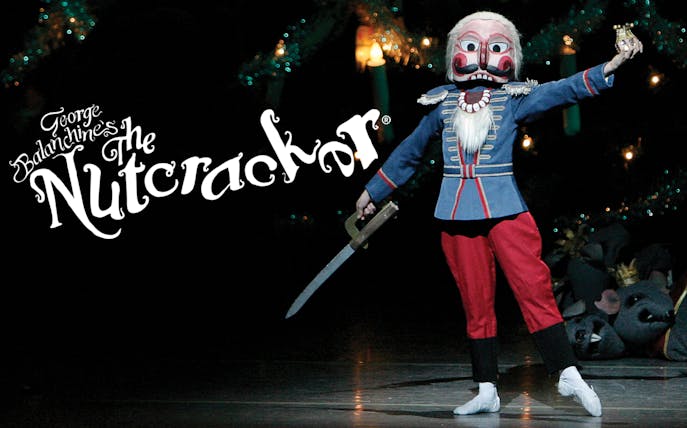 Nutcracker character on stage at New York City Ballet's The Nutcracker performance.