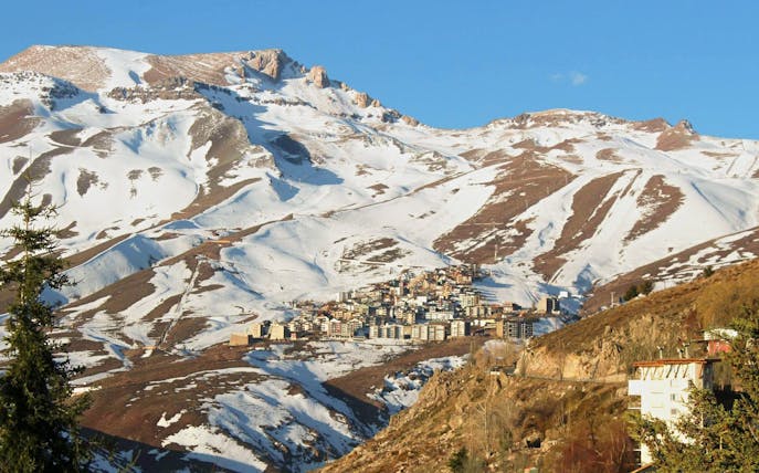 Farellones village nestled in the snow-covered Andes Mountains, Chile.