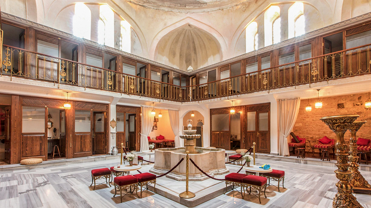 Cagaloglu Hammam interior with traditional marble basin in Istanbul.