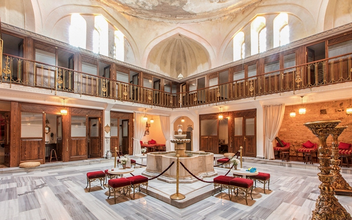 Cagaloglu Hammam interior with traditional marble basin in Istanbul.
