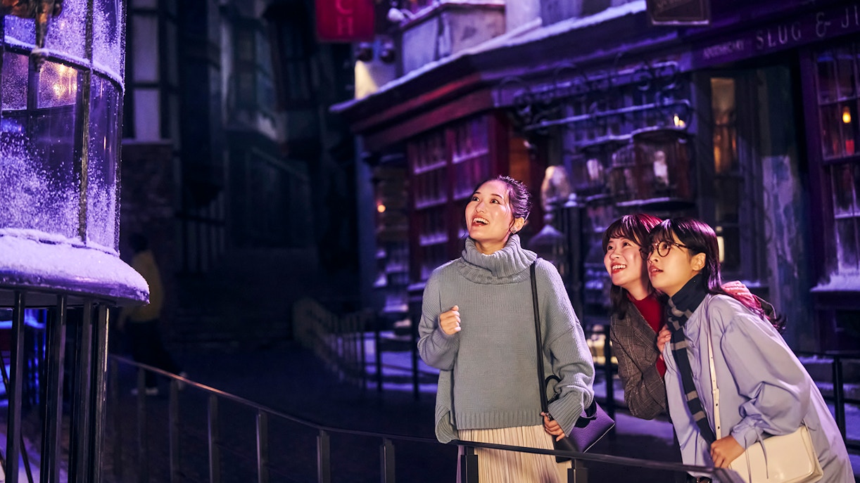 Visitors enjoying Diagon Alley at Christmas during The Making of Harry Potter Studio Tour in Tokyo.
