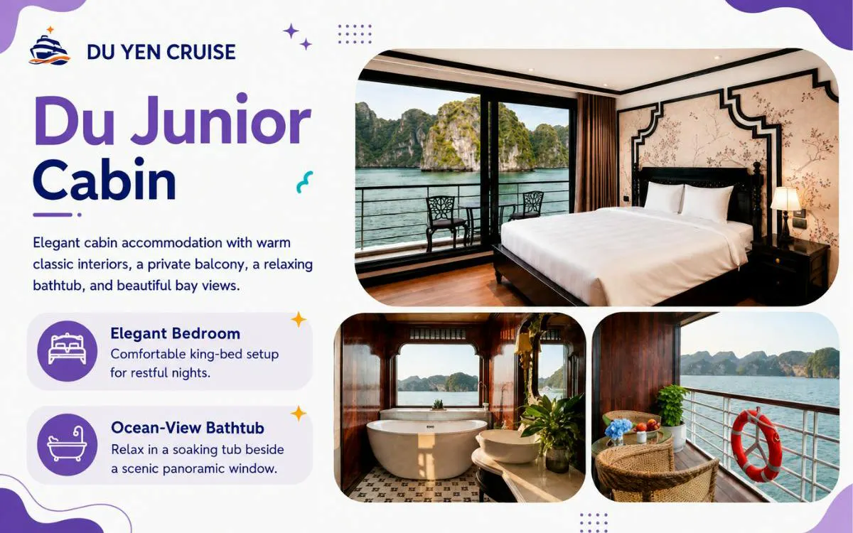 Ha Long Bay cruise cabin with king bed, private balcony, ocean-view bathtub, and scenic bay views.