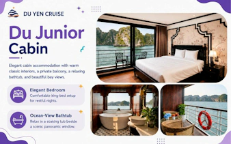 Ha Long Bay cruise cabin with king bed, private balcony, ocean-view bathtub, and scenic bay views.