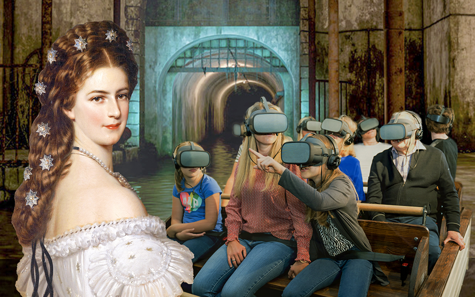 Guests using VR headsets in Time Travel Empress Sisi Experience exhibit.