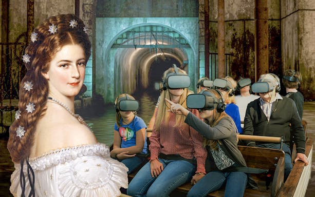 Guests using VR headsets in Time Travel Empress Sisi Experience exhibit.