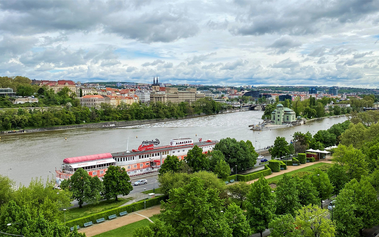 View of Vltava River and Prague cityscape from New Mill Water Tower.