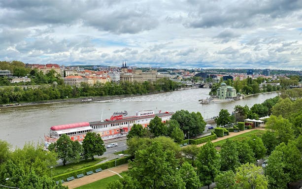 View of Vltava River and Prague cityscape from New Mill Water Tower.
