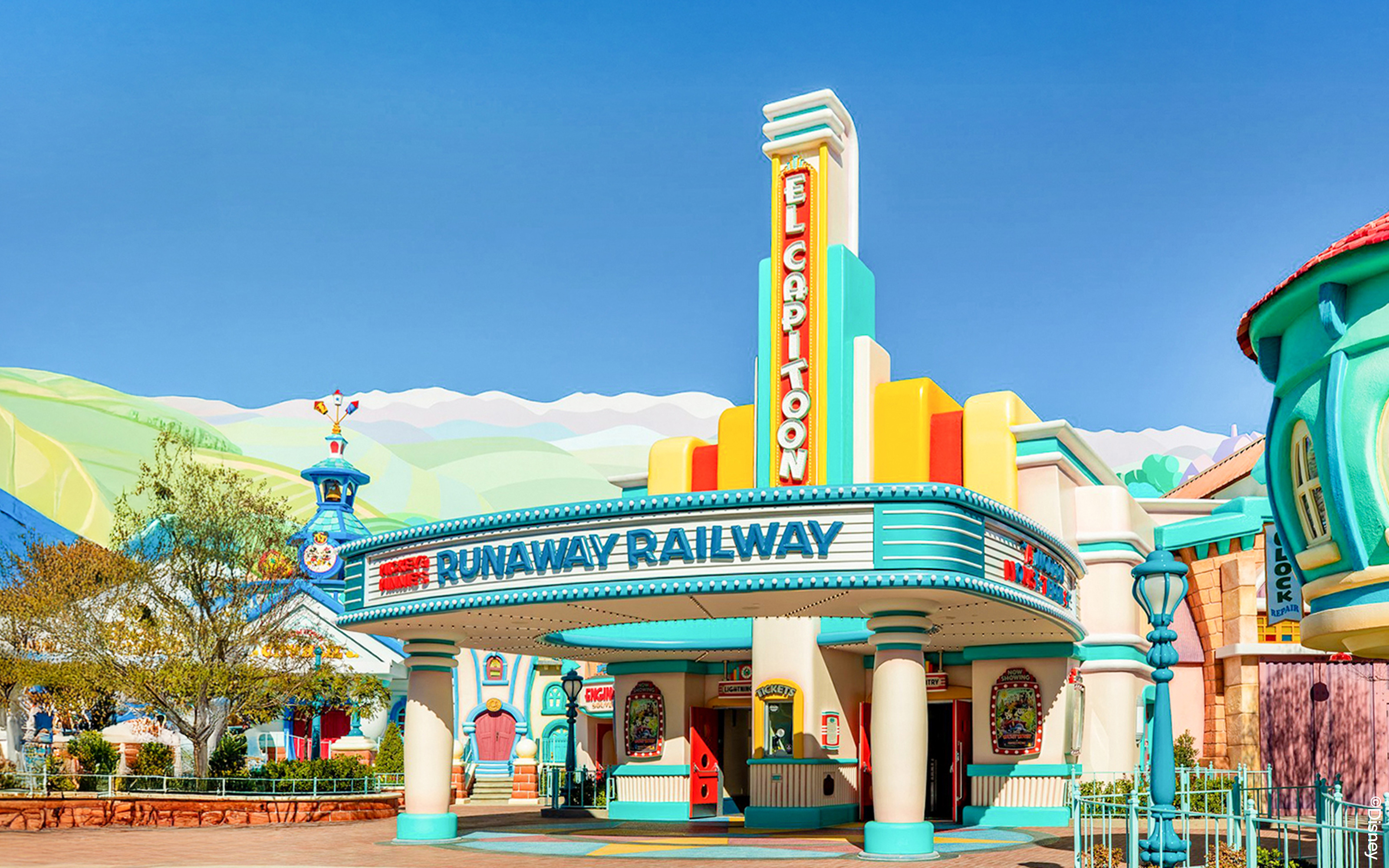 Runaway Railway entrance at Disneyland Park, California, featuring colorful art deco design.