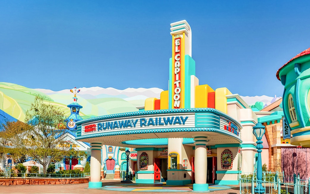 Runaway Railway entrance at Disneyland Park, California, featuring colorful art deco design.