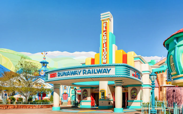 Runaway Railway entrance at Disneyland Park, California, featuring colorful art deco design.