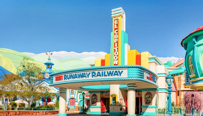 Runaway Railway entrance at Disneyland Park, California, featuring colorful art deco design.