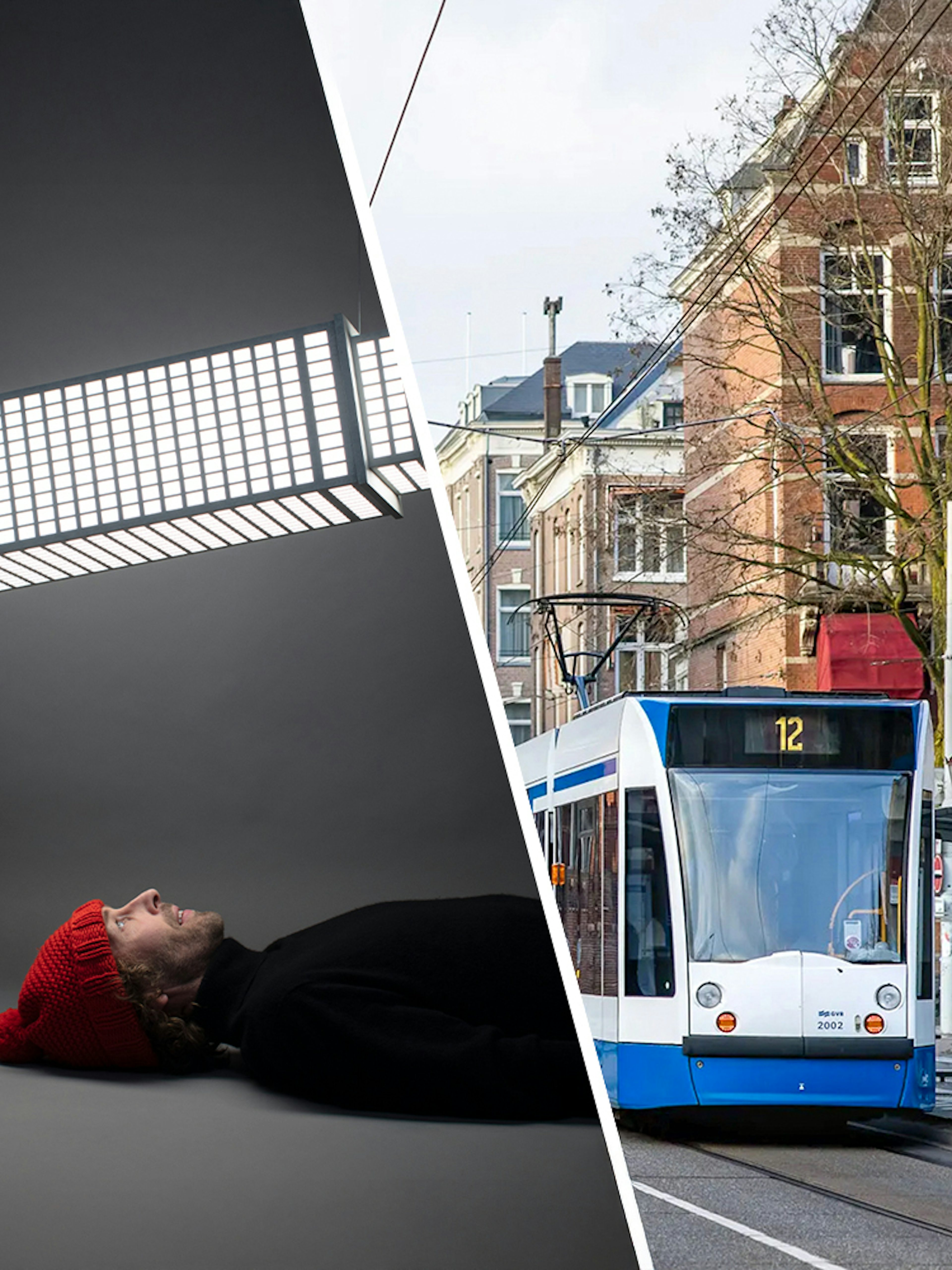 Moco Museum Amsterdam exhibit and city tram on Amsterdam street.