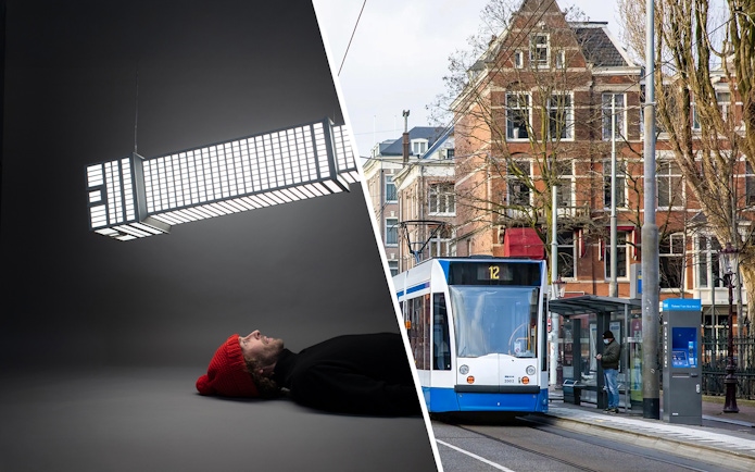Moco Museum Amsterdam exhibit and city tram on Amsterdam street.
