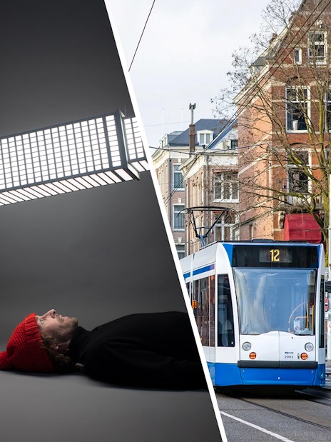 Moco Museum Amsterdam exhibit and city tram on Amsterdam street.