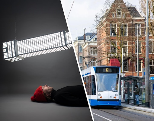 Moco Museum Amsterdam exhibit and city tram on Amsterdam street.
