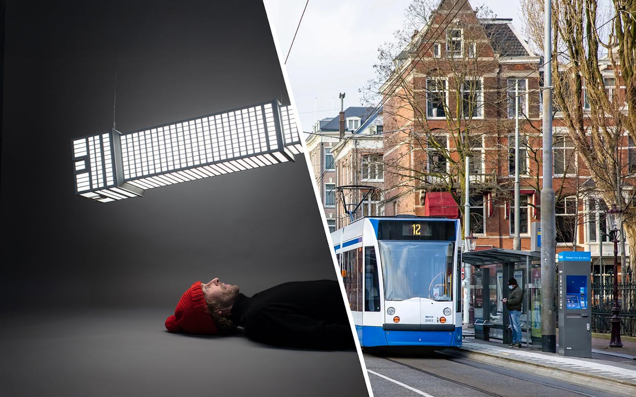 Moco Museum Amsterdam exhibit and city tram on Amsterdam street.