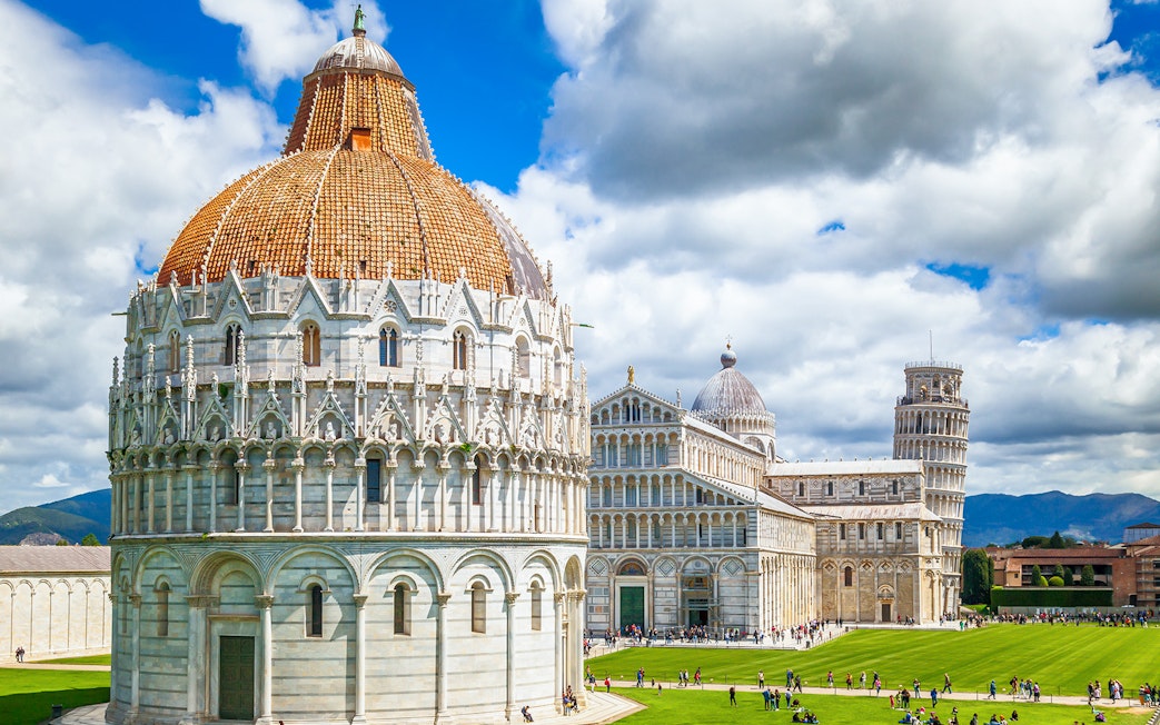 Pisa Cathedral and Baptistery with Leaning Tower in Pisa, Italy.