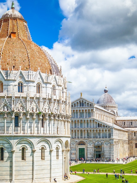 Pisa Cathedral and Baptistery with Leaning Tower in Pisa, Italy.